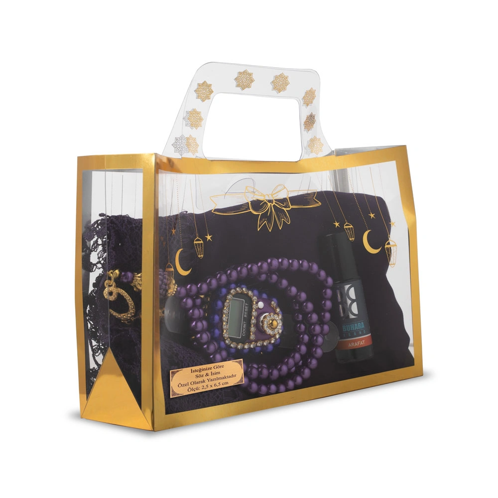 HAYRAT NEŞRİYAT - İğne Oyalı Şal + Tesbih + Zikirmatik + Esans Hediye Seti (Mor)
