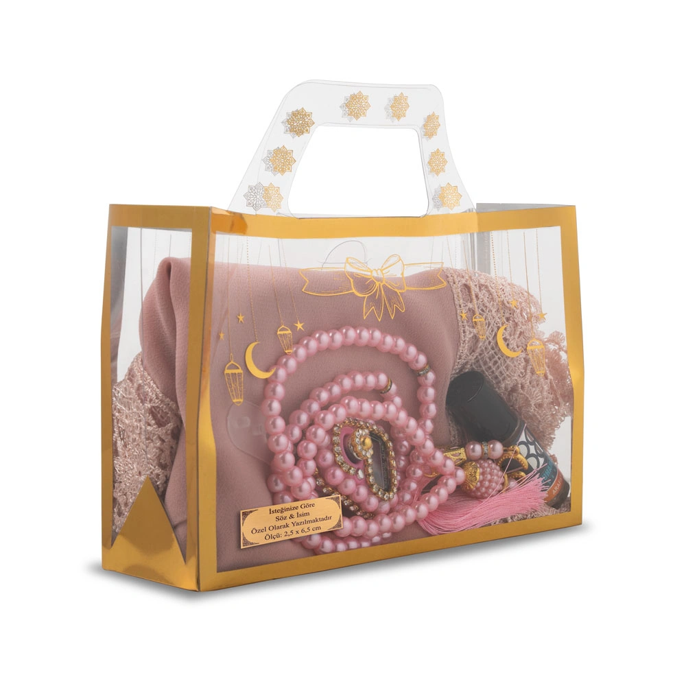 İğne Oyalı Şal + Tesbih + Zikirmatik + Esans Hediye Seti (Pembe)
