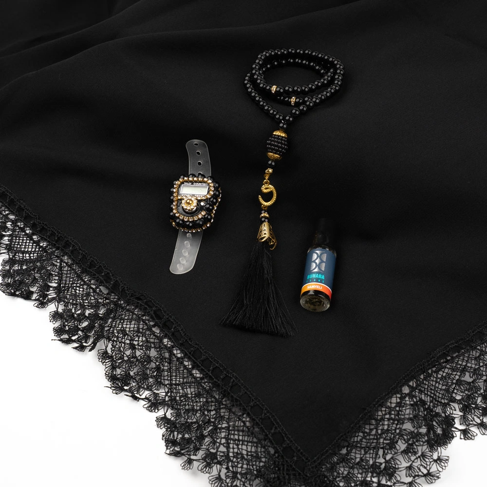 İğne Oyalı Şal + Tesbih + Zikirmatik + Esans Hediye Seti (Siyah) - Thumbnail