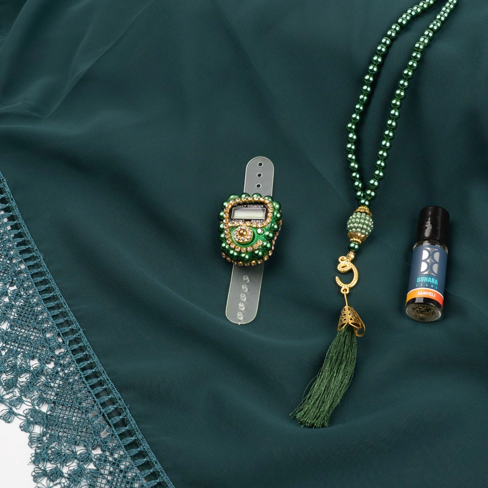 İğne Oyalı Şal + Tesbih + Zikirmatik + Esans Hediye Seti (Yeşil)