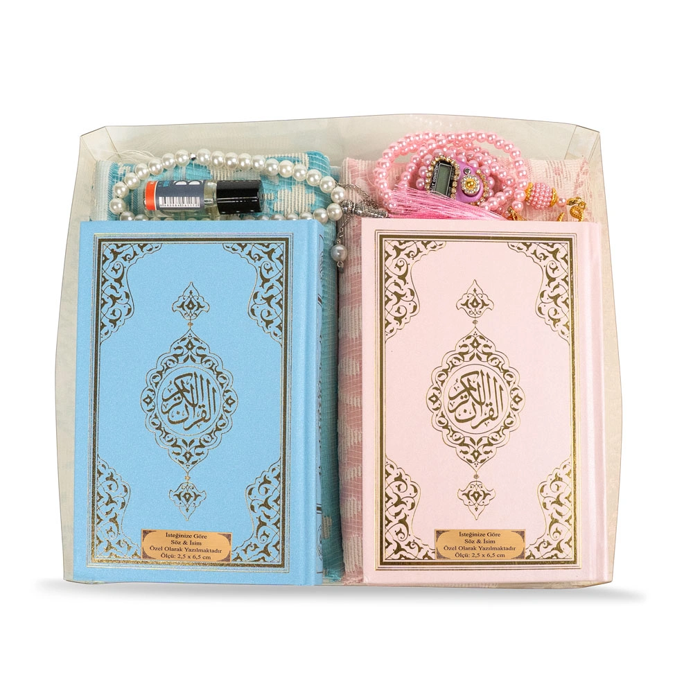 İkili Kuran + Seccade + Tesbih + Zikirmatik + Esans Hediye Seti (Pembe-Mavi, Çanta Boy, 99lu+33lü)	