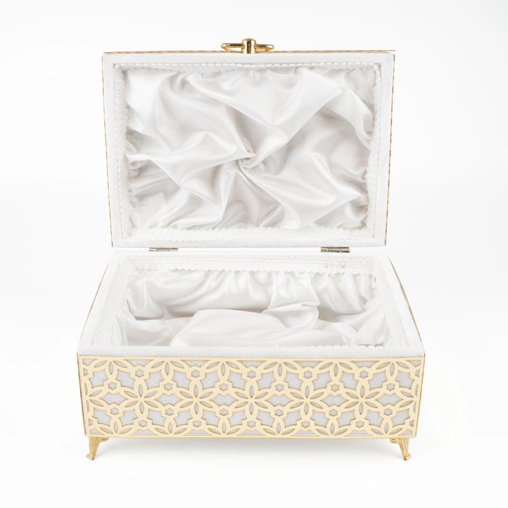 Kadife Sandık Çeyizlik Kuran Kutusu, Desenli (Beyaz, İçi Boş Kutu)