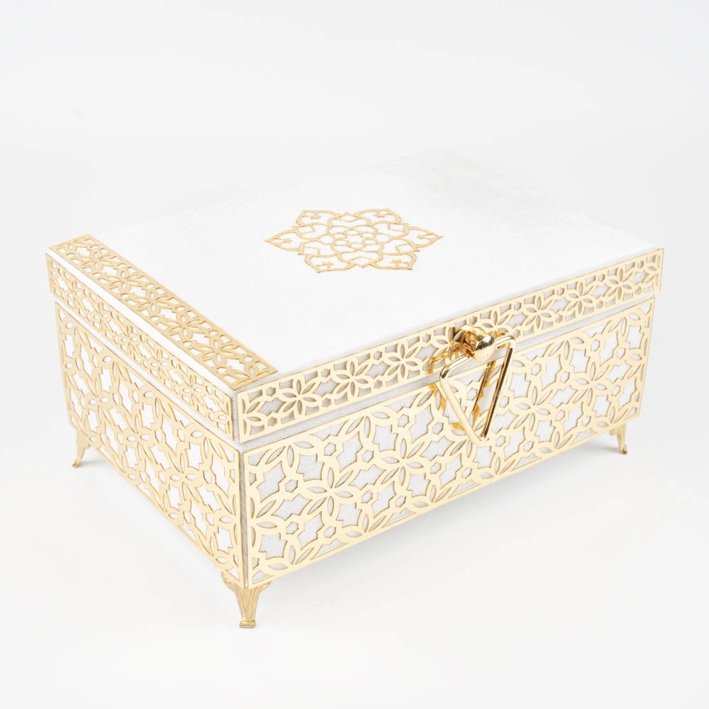 Kadife Sandık Çeyizlik Kuran Kutusu, Desenli (Beyaz, İçi Boş Kutu) - Thumbnail