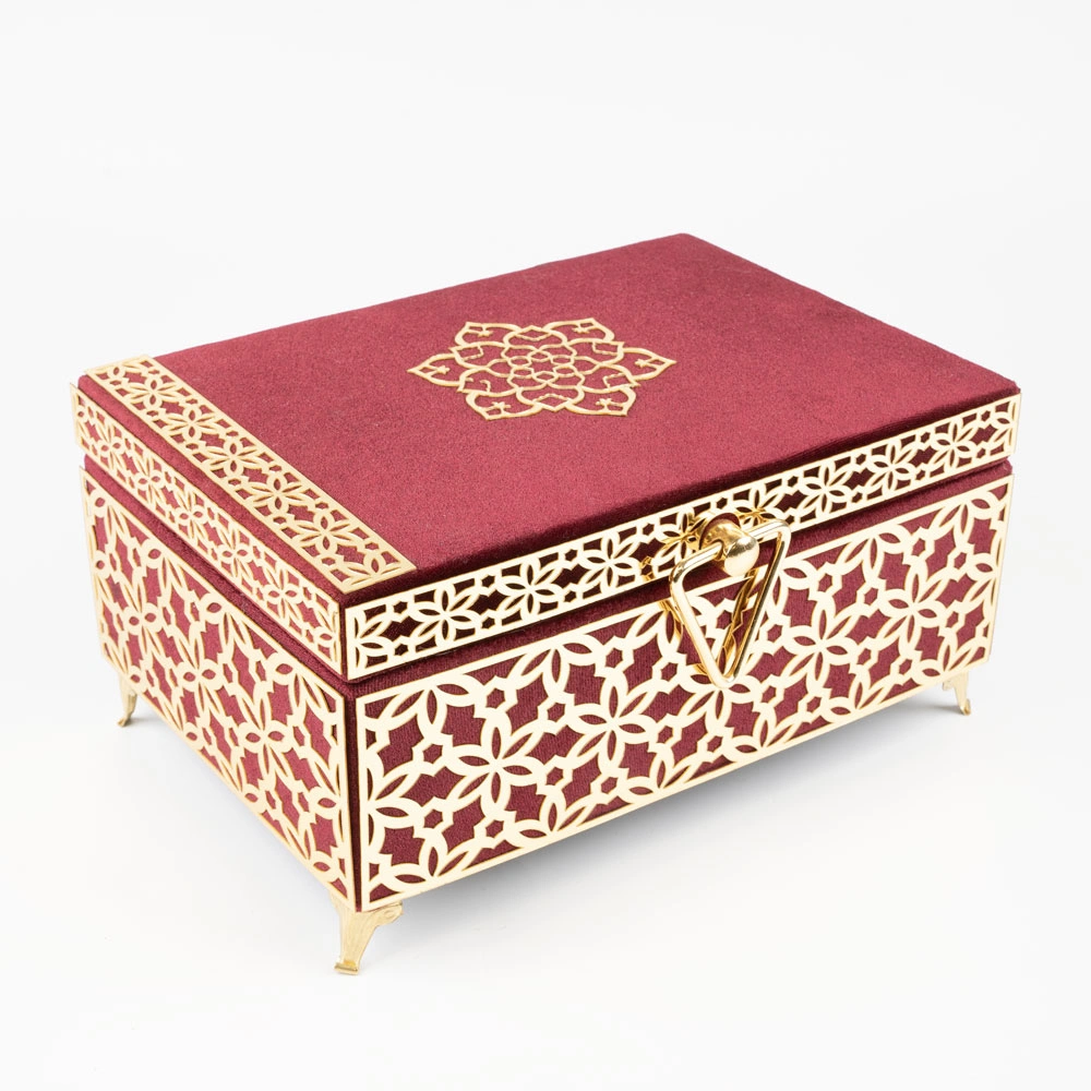 Kadife Sandık Çeyizlik Kuran Kutusu, Desenli (Bordo, İçi Boş Kutu) - Thumbnail