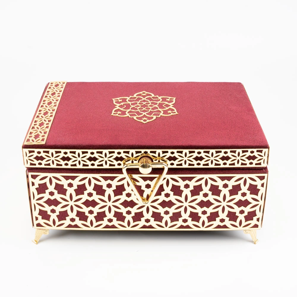 Kadife Sandık Çeyizlik Kuran Kutusu, Desenli (Bordo, İçi Boş Kutu)