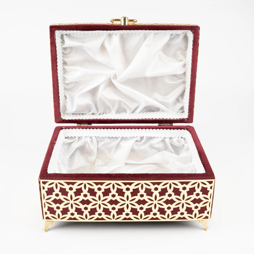 Kadife Sandık Çeyizlik Kuran Kutusu, Desenli (Bordo, İçi Boş Kutu) - Thumbnail