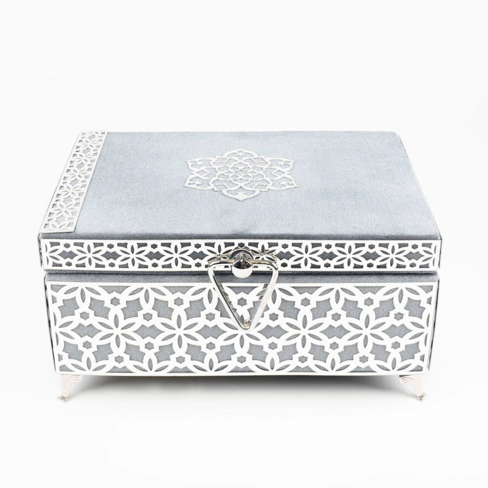 Kadife Sandık Çeyizlik Kuran Kutusu, Desenli (Gri, İçi Boş Kutu)