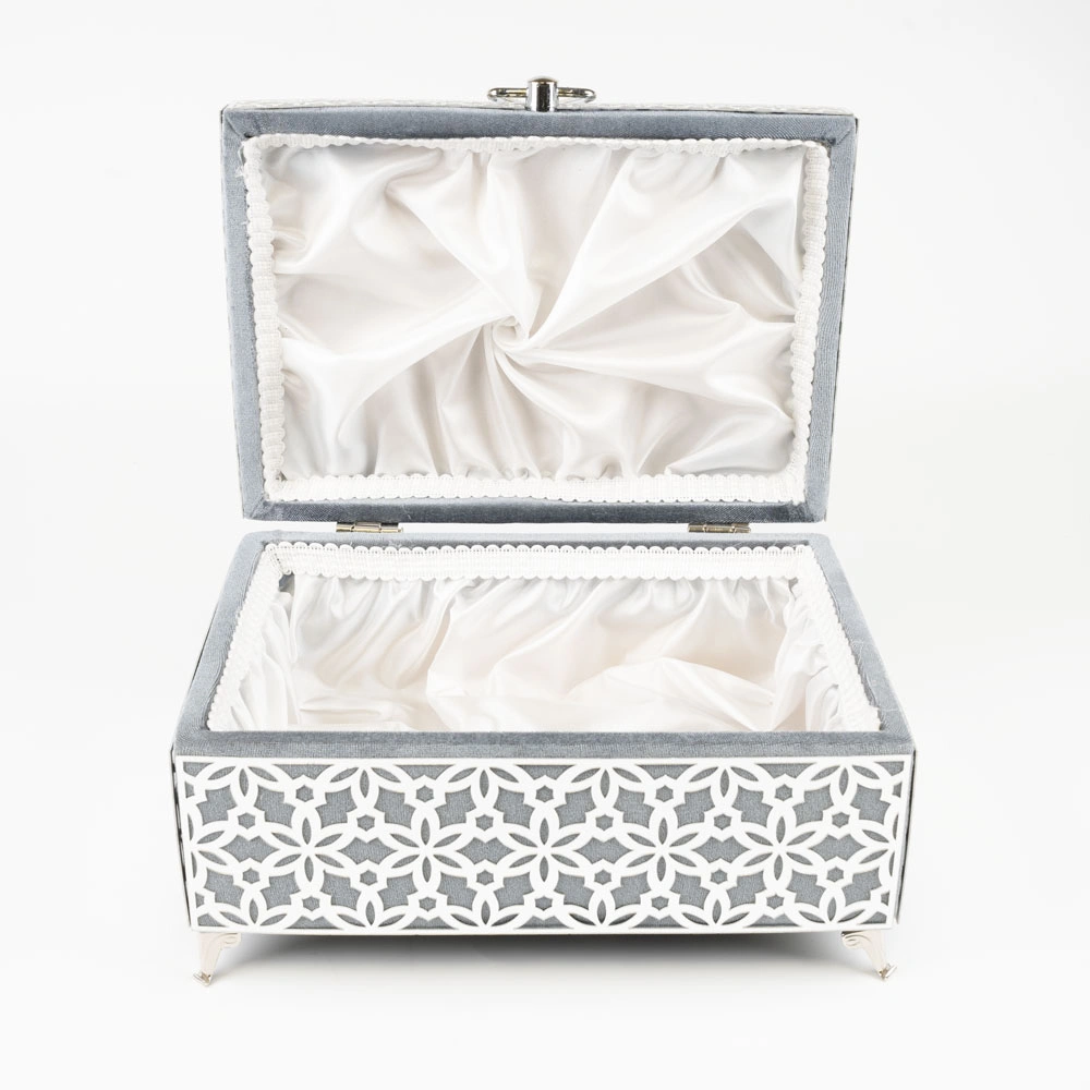 Kadife Sandık Çeyizlik Kuran Kutusu, Desenli (Gri, İçi Boş Kutu) - Thumbnail