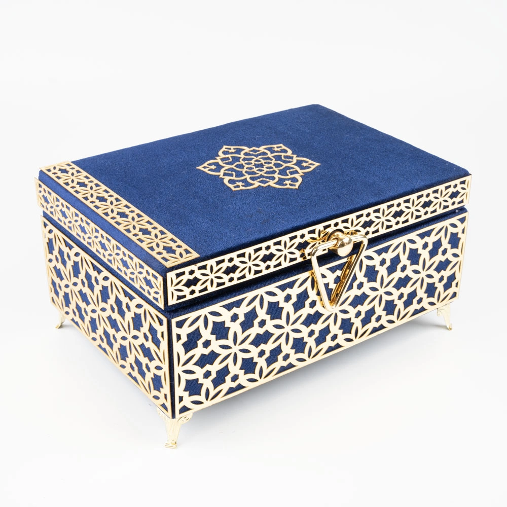Kadife Sandık Çeyizlik Kuran Kutusu, Desenli (Lacivert, İçi Boş Kutu)