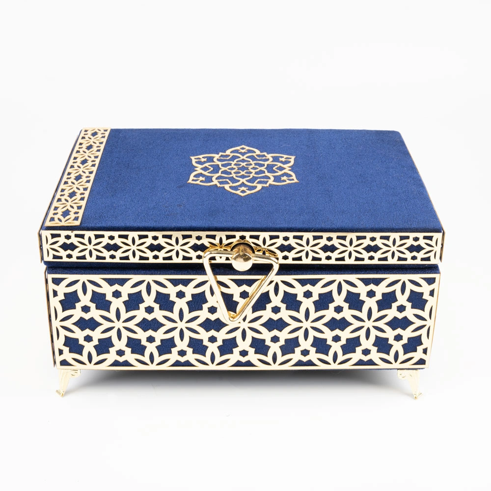 Kadife Sandık Çeyizlik Kuran Kutusu, Desenli (Lacivert, İçi Boş Kutu) - Thumbnail