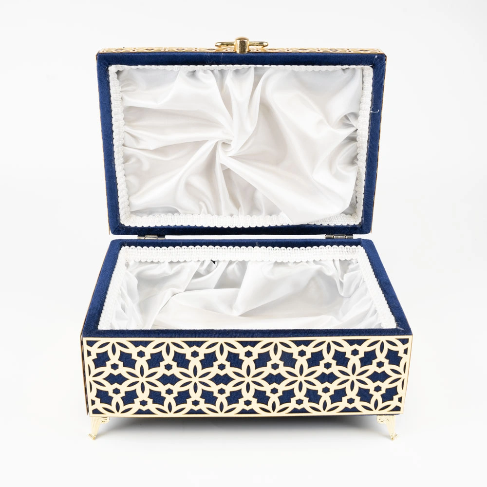 Kadife Sandık Çeyizlik Kuran Kutusu, Desenli (Lacivert, İçi Boş Kutu)