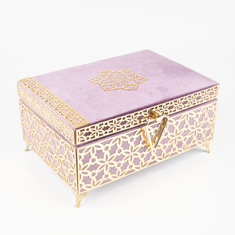 Kadife Sandık Çeyizlik Kuran Kutusu, Desenli (Lila, İçi Boş Kutu) - Thumbnail
