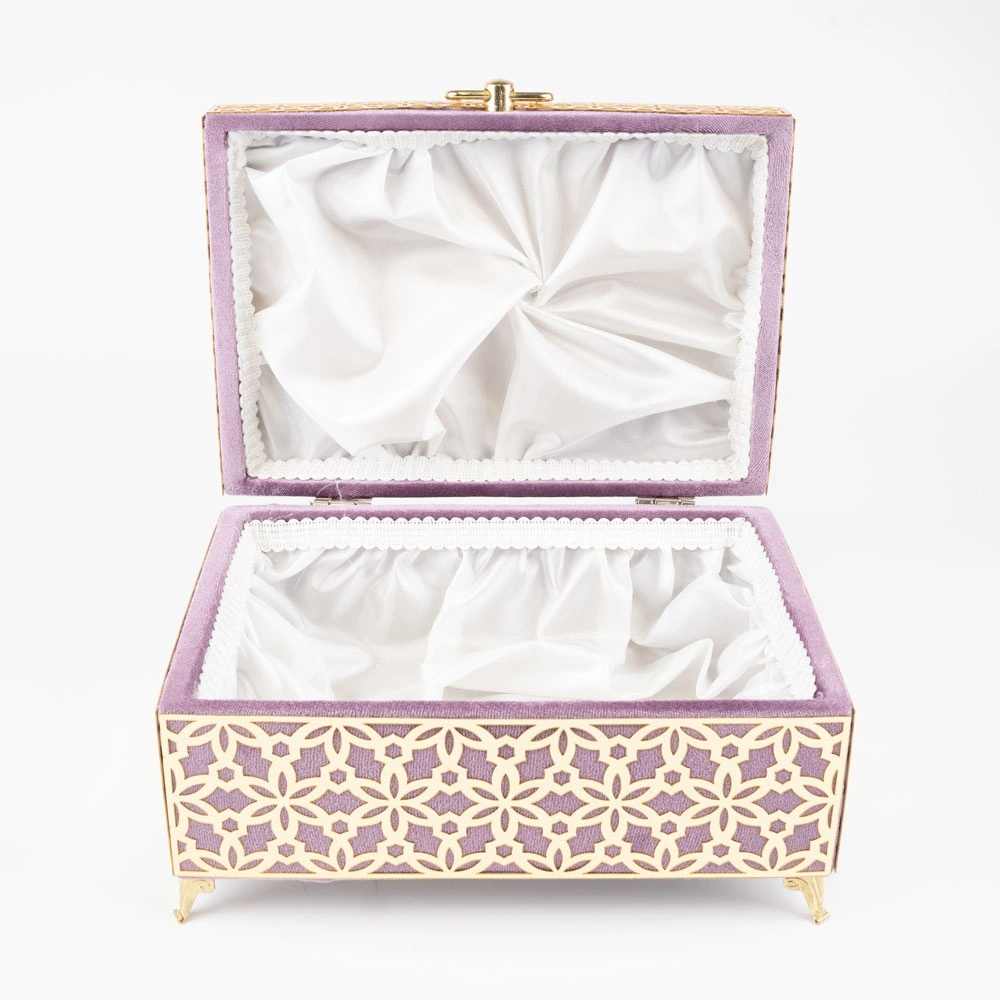 Kadife Sandık Çeyizlik Kuran Kutusu, Desenli (Lila, İçi Boş Kutu)