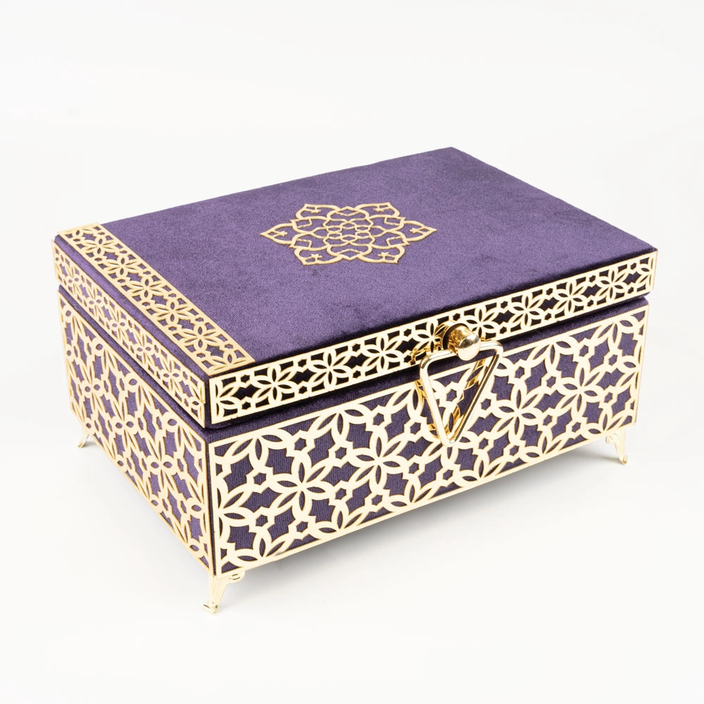 Kadife Sandık Çeyizlik Kuran Kutusu, Desenli (Mor, İçi Boş Kutu) - Thumbnail