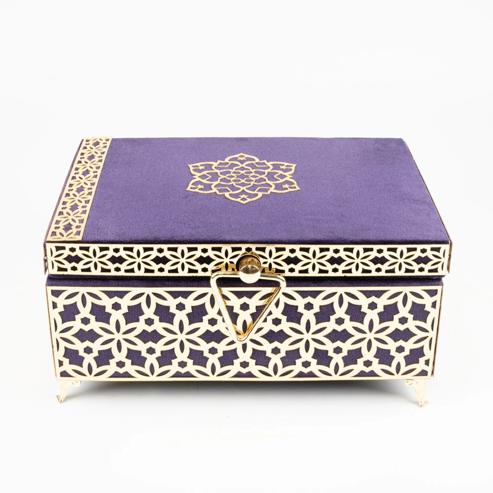 Kadife Sandık Çeyizlik Kuran Kutusu, Desenli (Mor, İçi Boş Kutu)