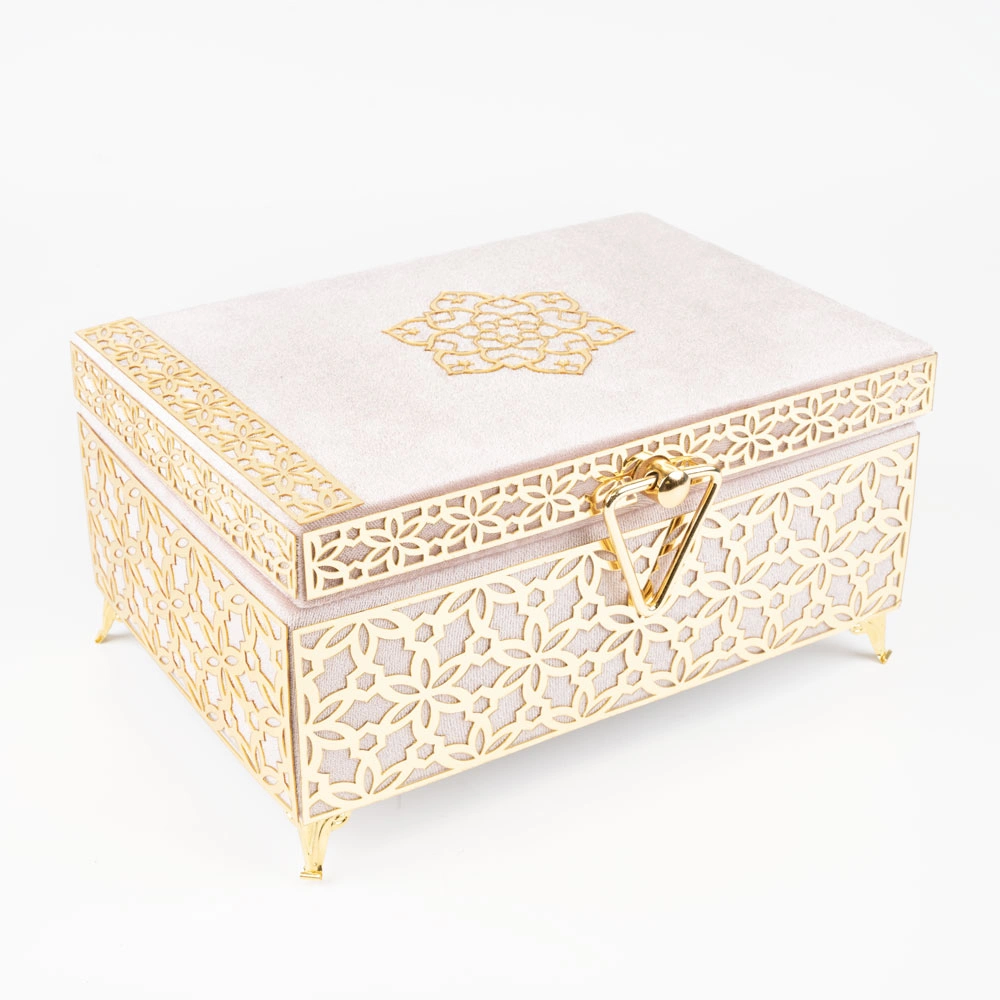 Kadife Sandık Çeyizlik Kuran Kutusu, Desenli (Pudra Pembe, İçi Boş Kutu)