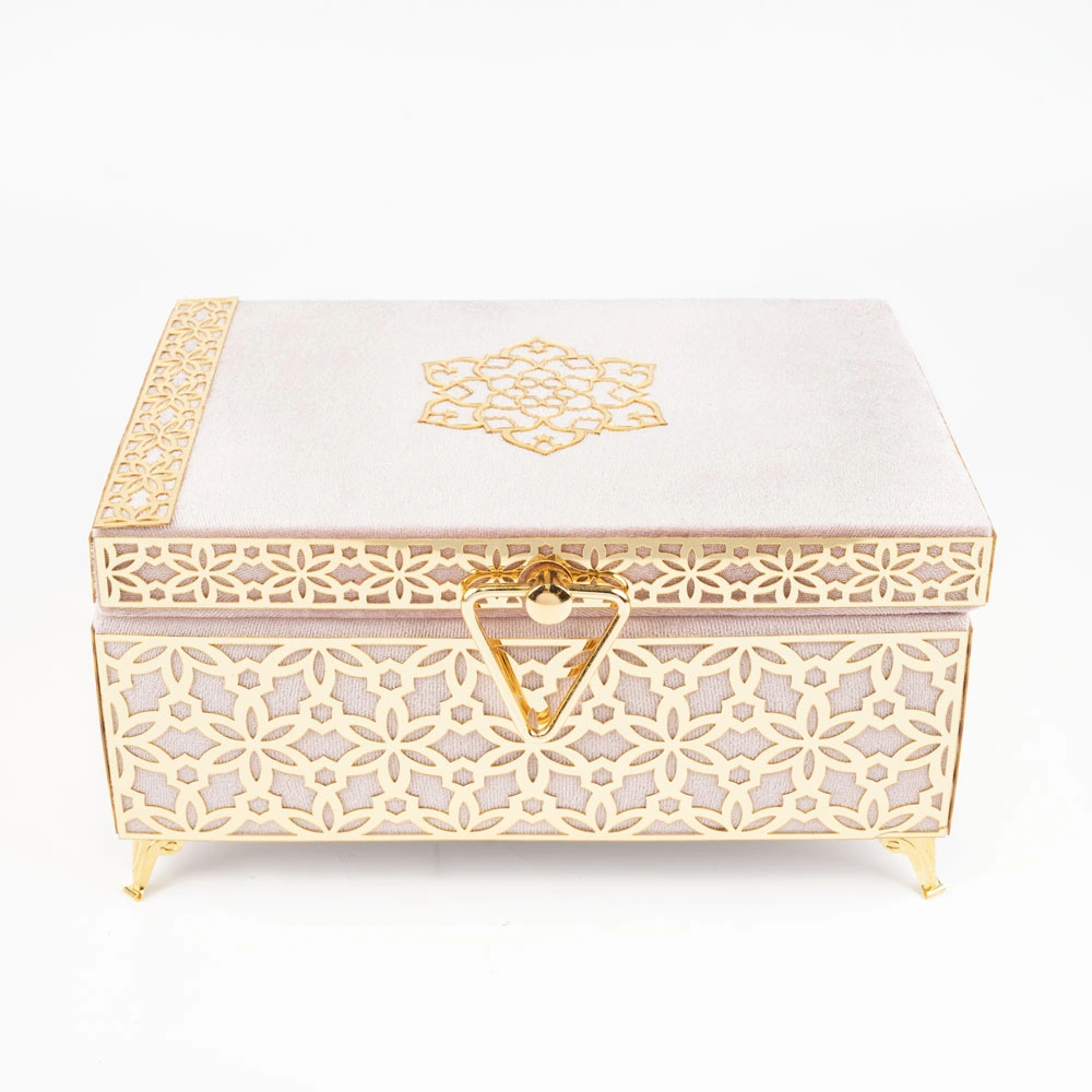 Kadife Sandık Çeyizlik Kuran Kutusu, Desenli (Pudra Pembe, İçi Boş Kutu)