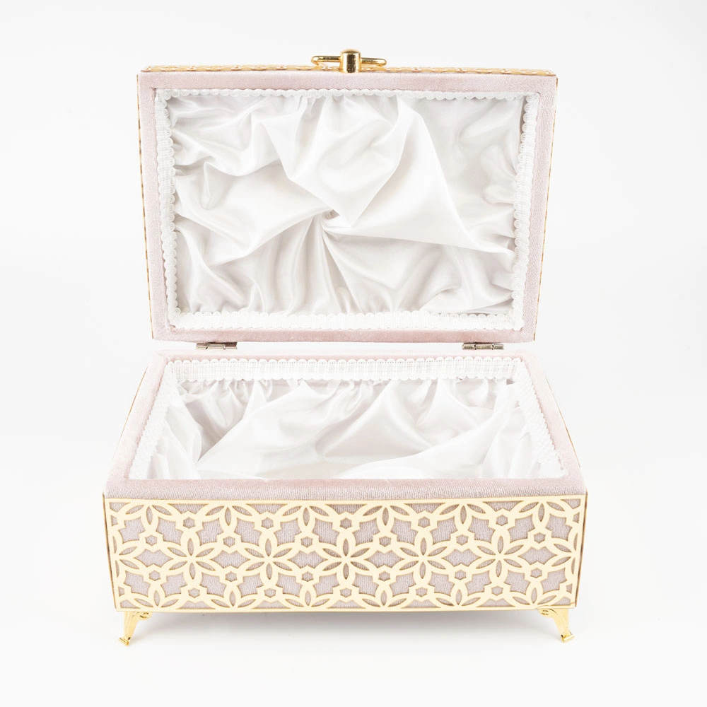 Kadife Sandık Çeyizlik Kuran Kutusu, Desenli (Pudra Pembe, İçi Boş Kutu)