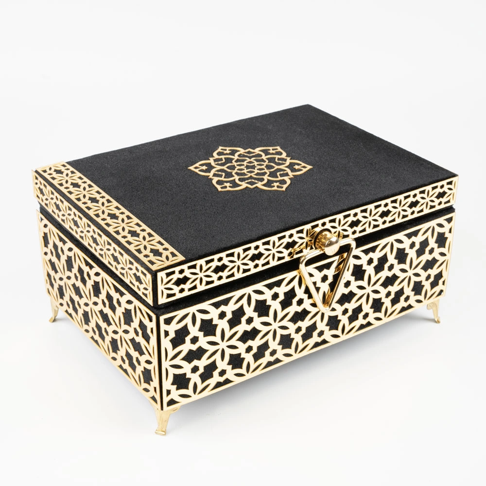 Kadife Sandık Çeyizlik Kuran Kutusu, Desenli (Siyah, İçi Boş Kutu)
