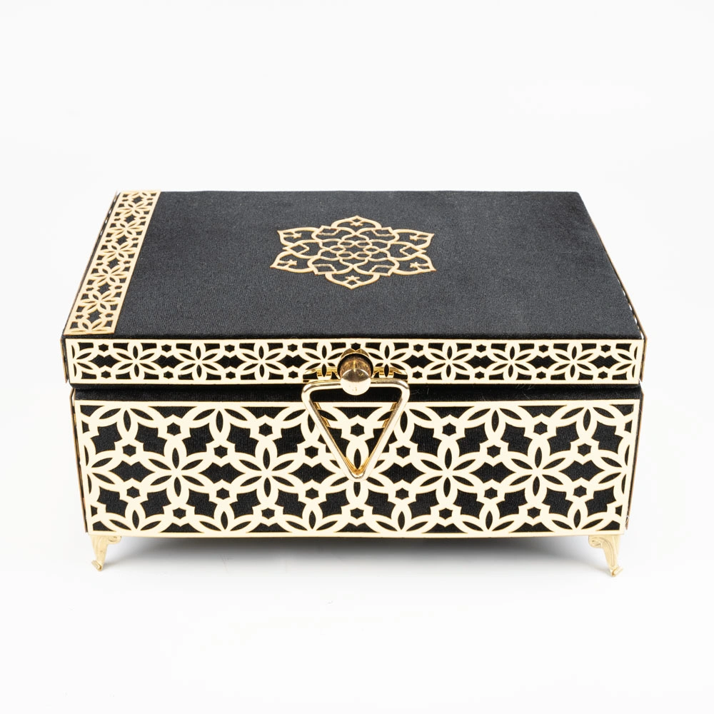 HAYRAT NEŞRİYAT - Kadife Sandık Çeyizlik Kuran Kutusu, Desenli (Siyah, İçi Boş Kutu)