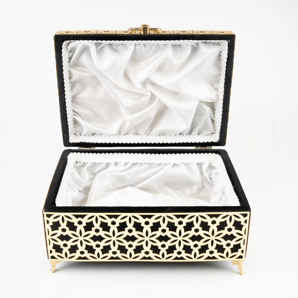 Kadife Sandık Çeyizlik Kuran Kutusu, Desenli (Siyah, İçi Boş Kutu)