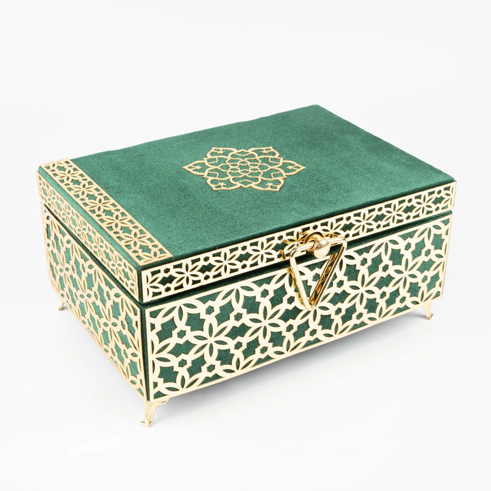 Kadife Sandık Çeyizlik Kuran Kutusu, Desenli (Yeşil, İçi Boş Kutu) - Thumbnail