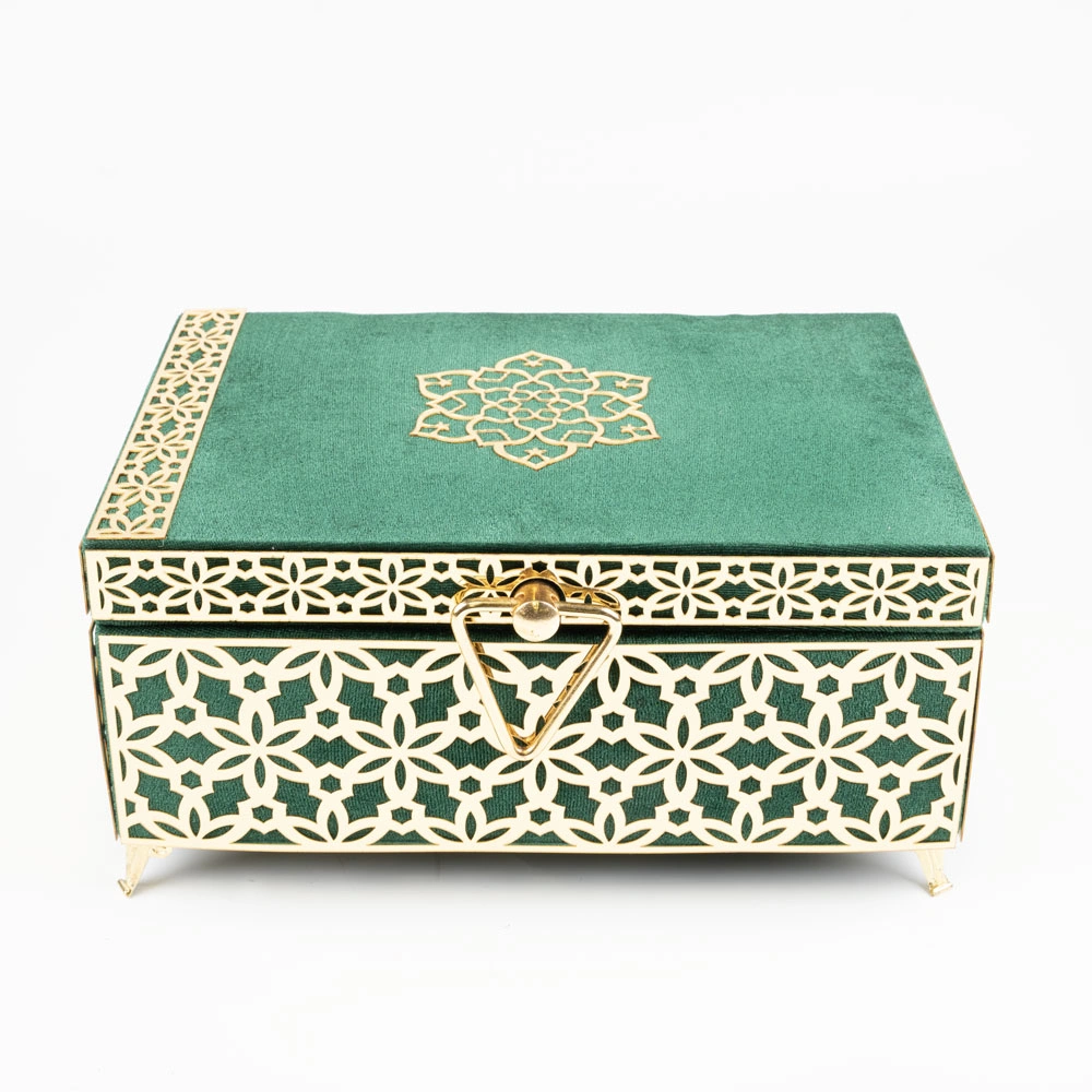 HAYRAT NEŞRİYAT - Kadife Sandık Çeyizlik Kuran Kutusu, Desenli (Yeşil, İçi Boş Kutu)