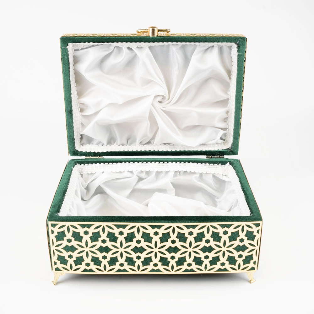 Kadife Sandık Çeyizlik Kuran Kutusu, Desenli (Yeşil, İçi Boş Kutu)