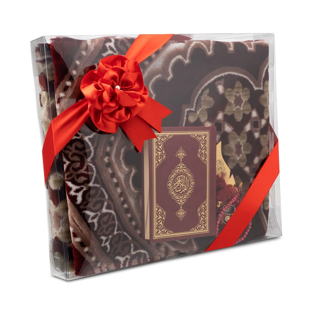 Kadife Seccade (120x70) + Tesbih + Zikirmatik + Ayraç + Çanta Boy Kuran Hediye Seti (Bordo)