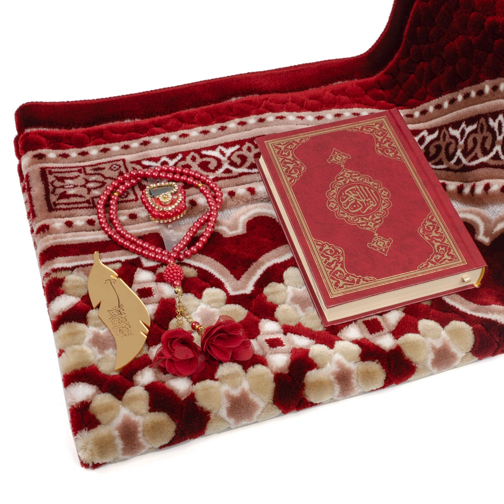 Kadife Seccade (120x70) + Tesbih + Zikirmatik + Ayraç + Çanta Boy Kuran Hediye Seti (Bordo) - Thumbnail