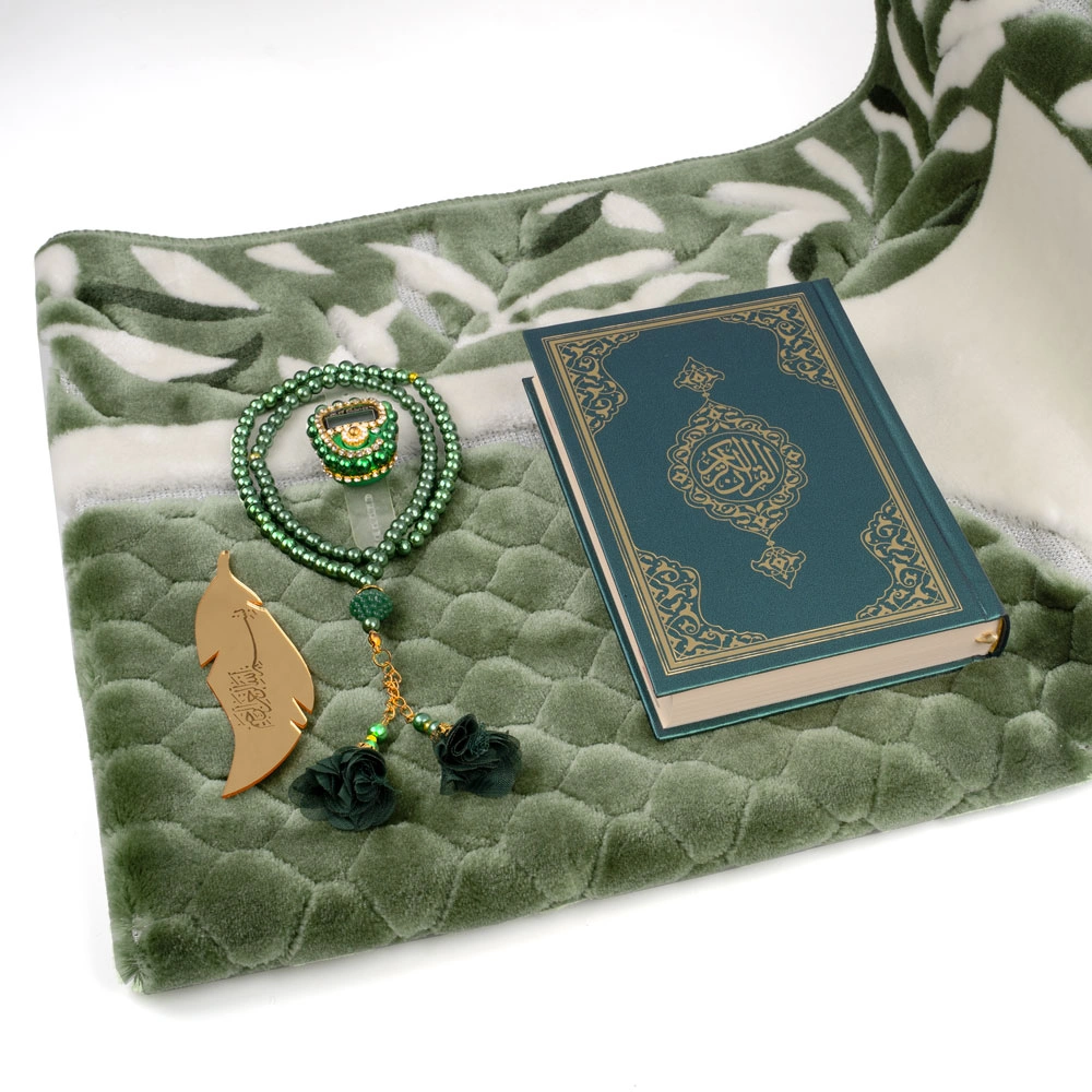 Kadife Seccade (120x70) + Tesbih + Zikirmatik + Ayraç + Çanta Boy Kuran Hediye Seti (Yeşil) - Thumbnail