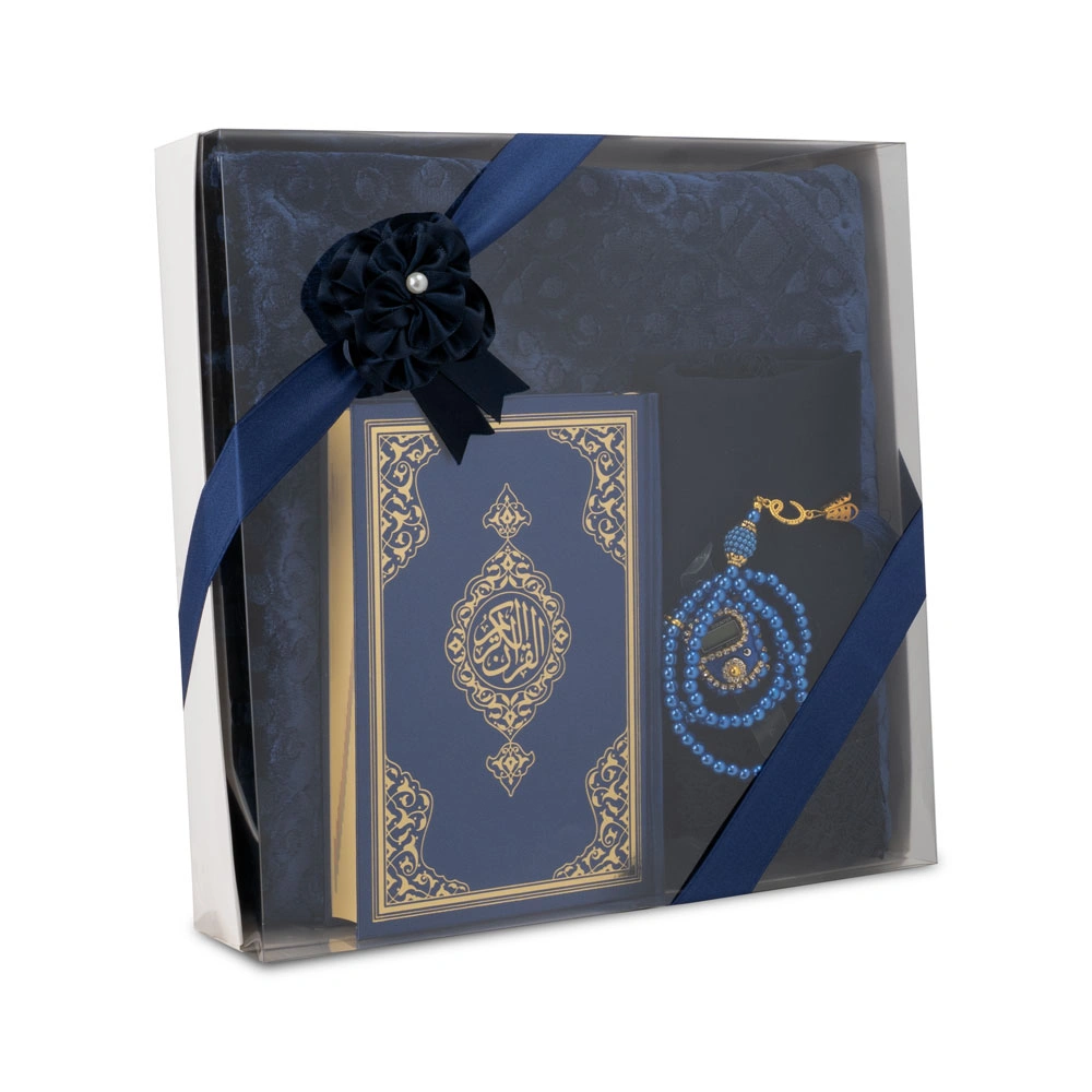 Kadife Seccade (120x70) + Tesbih + Zikirmatik + Ayraç + Hafız Boy Kuran Hediye Seti (Lacivert) - Thumbnail