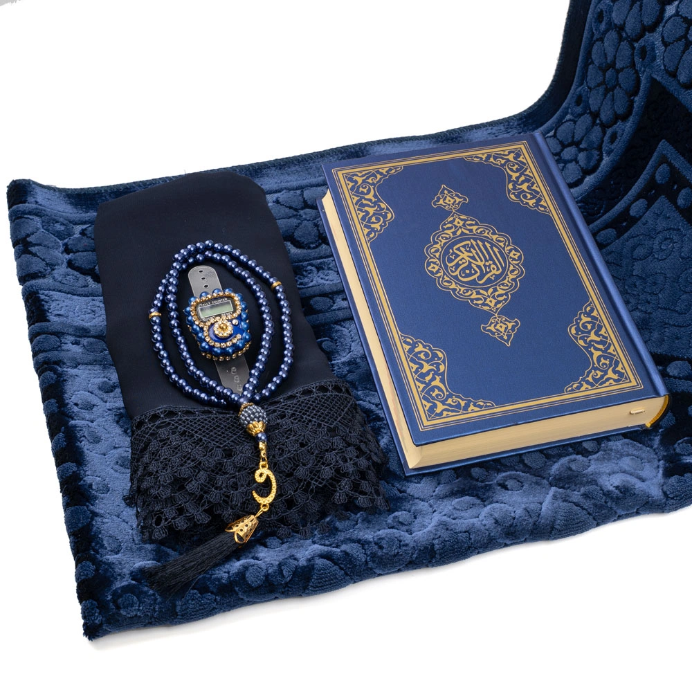 Kadife Seccade (120x70) + Tesbih + Zikirmatik + Ayraç + Hafız Boy Kuran Hediye Seti (Lacivert) - Thumbnail