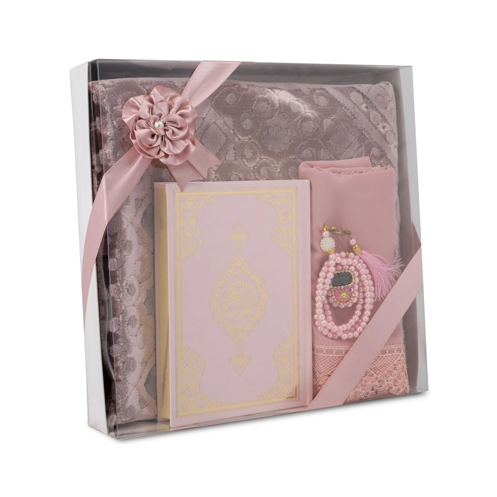 HAYRAT NEŞRİYAT - Kadife Seccade (120x70) + Tesbih + Zikirmatik + Ayraç + Hafız Boy Kuran Hediye Seti (Pembe)