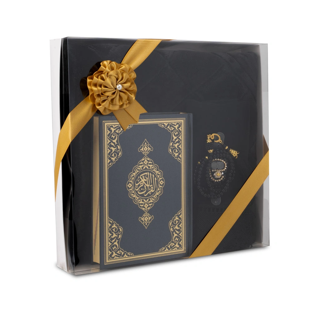 Kadife Seccade (120x70) + Tesbih + Zikirmatik + Ayraç + Hafız Boy Kuran Hediye Seti (Siyah)
