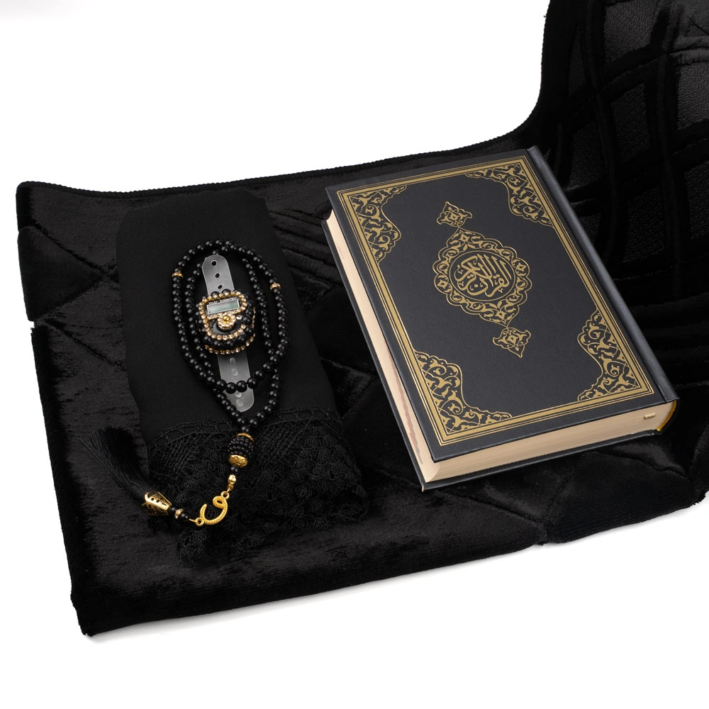 Kadife Seccade (120x70) + Tesbih + Zikirmatik + Ayraç + Hafız Boy Kuran Hediye Seti (Siyah) - Thumbnail