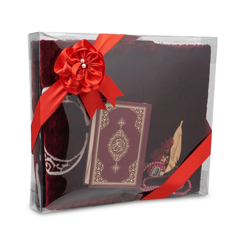 HAYRAT NEŞRİYAT - Kadife Seccade (120x80) + Tesbih + Zikirmatik + Ayraç + Çanta Boy Kuran Hediye Seti (Bordo)