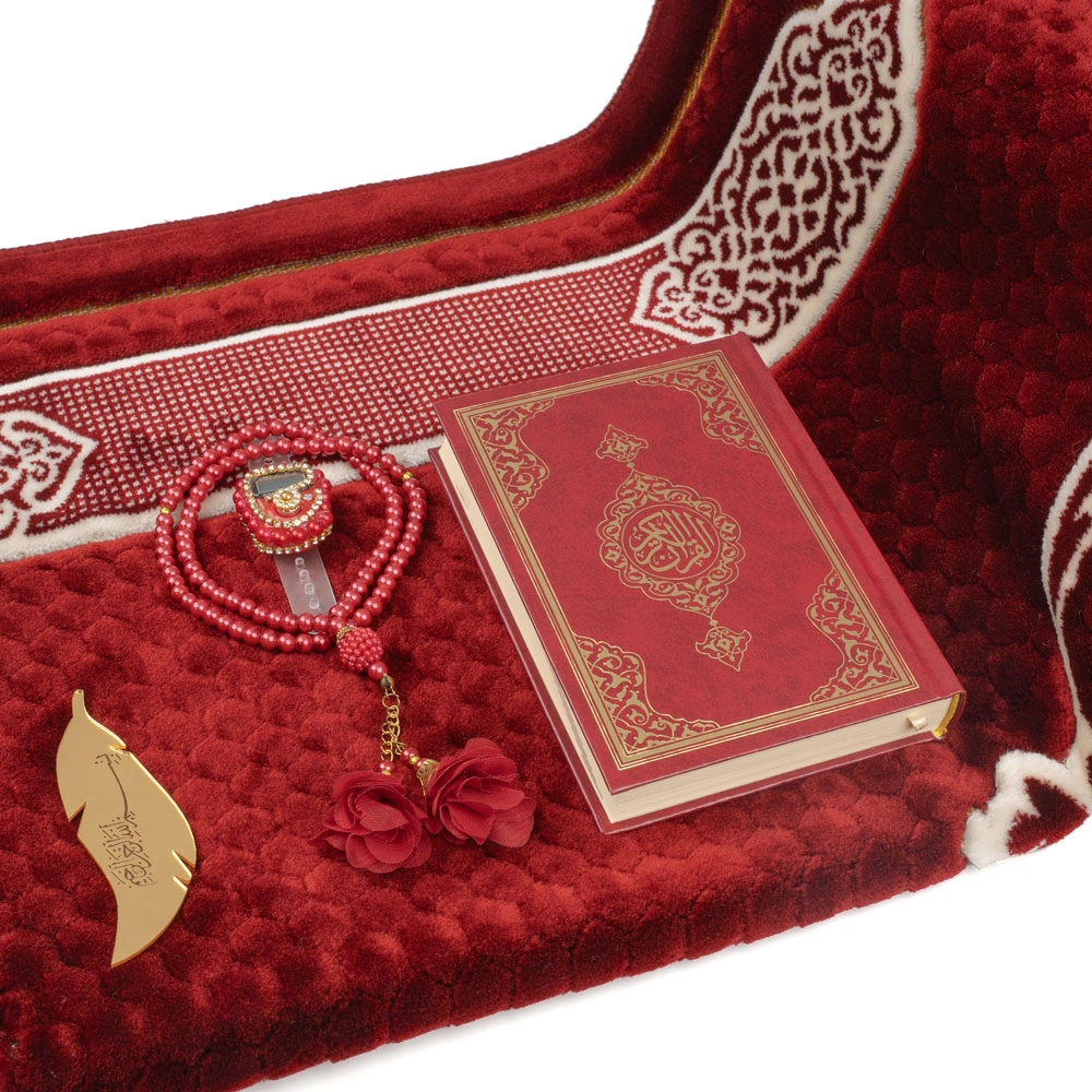 Kadife Seccade (120x80) + Tesbih + Zikirmatik + Ayraç + Çanta Boy Kuran Hediye Seti (Bordo) - Thumbnail
