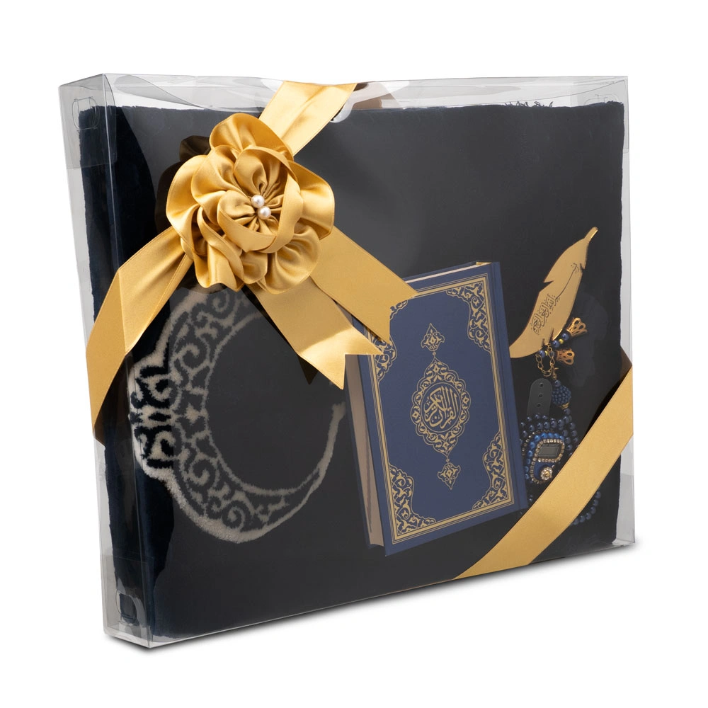 Kadife Seccade (120x80) + Tesbih + Zikirmatik + Ayraç + Çanta Boy Kuran Hediye Seti (Lacivert)