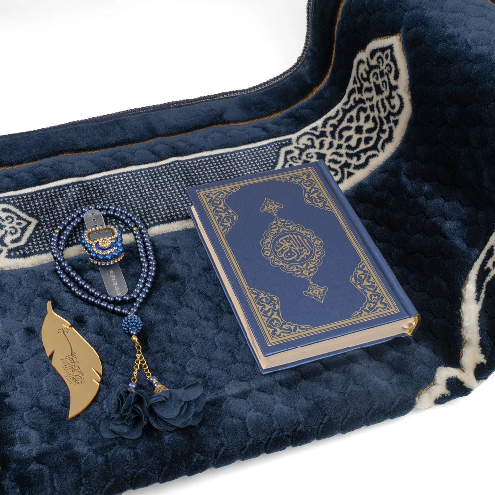 Kadife Seccade (120x80) + Tesbih + Zikirmatik + Ayraç + Çanta Boy Kuran Hediye Seti (Lacivert) - Thumbnail
