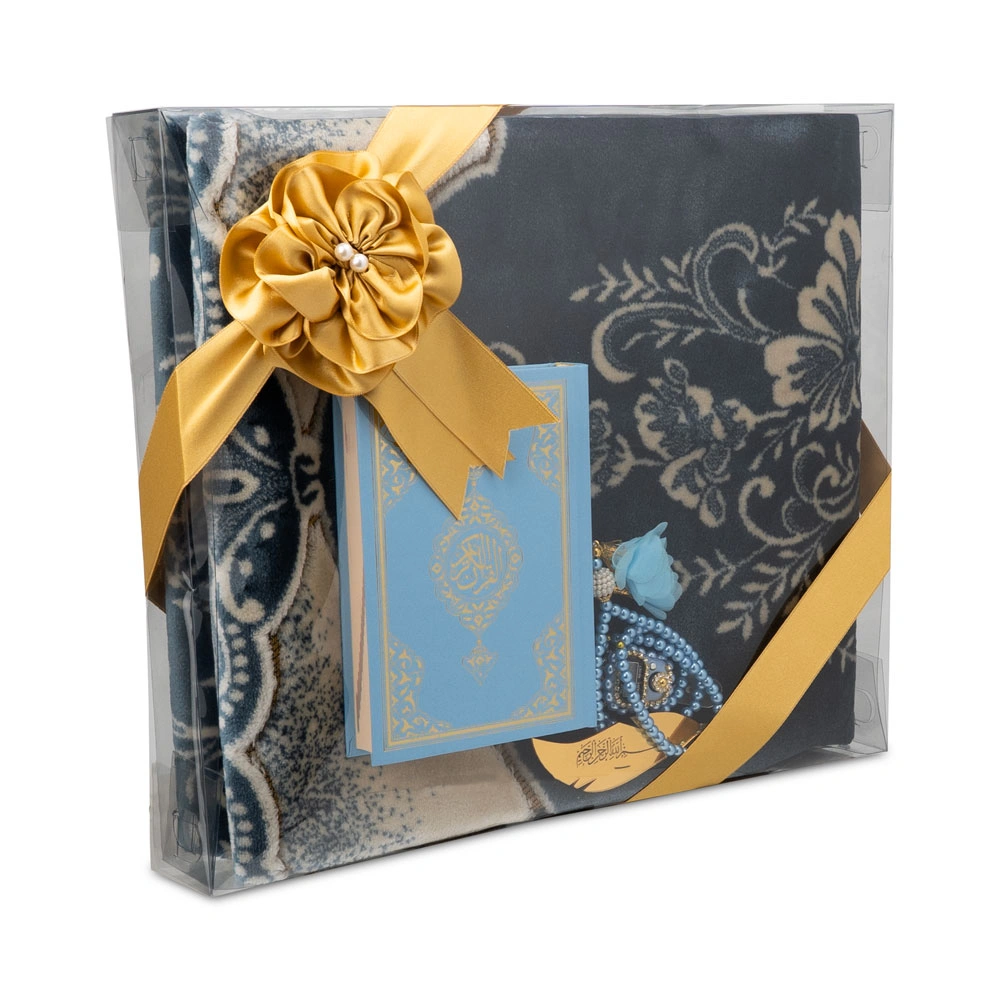 HAYRAT NEŞRİYAT - Kadife Seccade (120x80) + Tesbih + Zikirmatik + Ayraç + Çanta Boy Kuran Hediye Seti (Mavi)