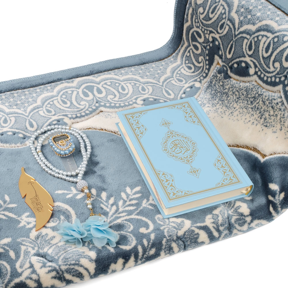Kadife Seccade (120x80) + Tesbih + Zikirmatik + Ayraç + Çanta Boy Kuran Hediye Seti (Mavi) - Thumbnail
