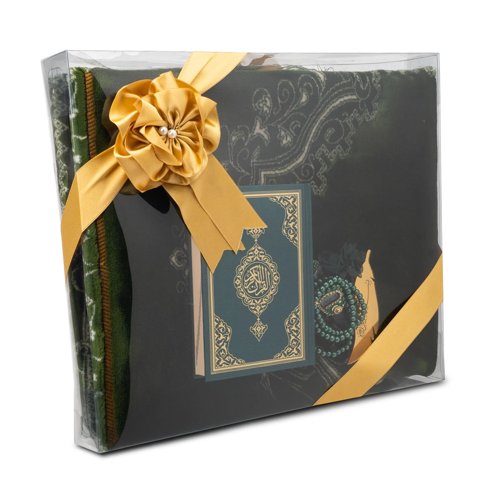 HAYRAT NEŞRİYAT - Kadife Seccade (120x80) + Tesbih + Zikirmatik + Ayraç + Çanta Boy Kuran Hediye Seti (Yeşil)