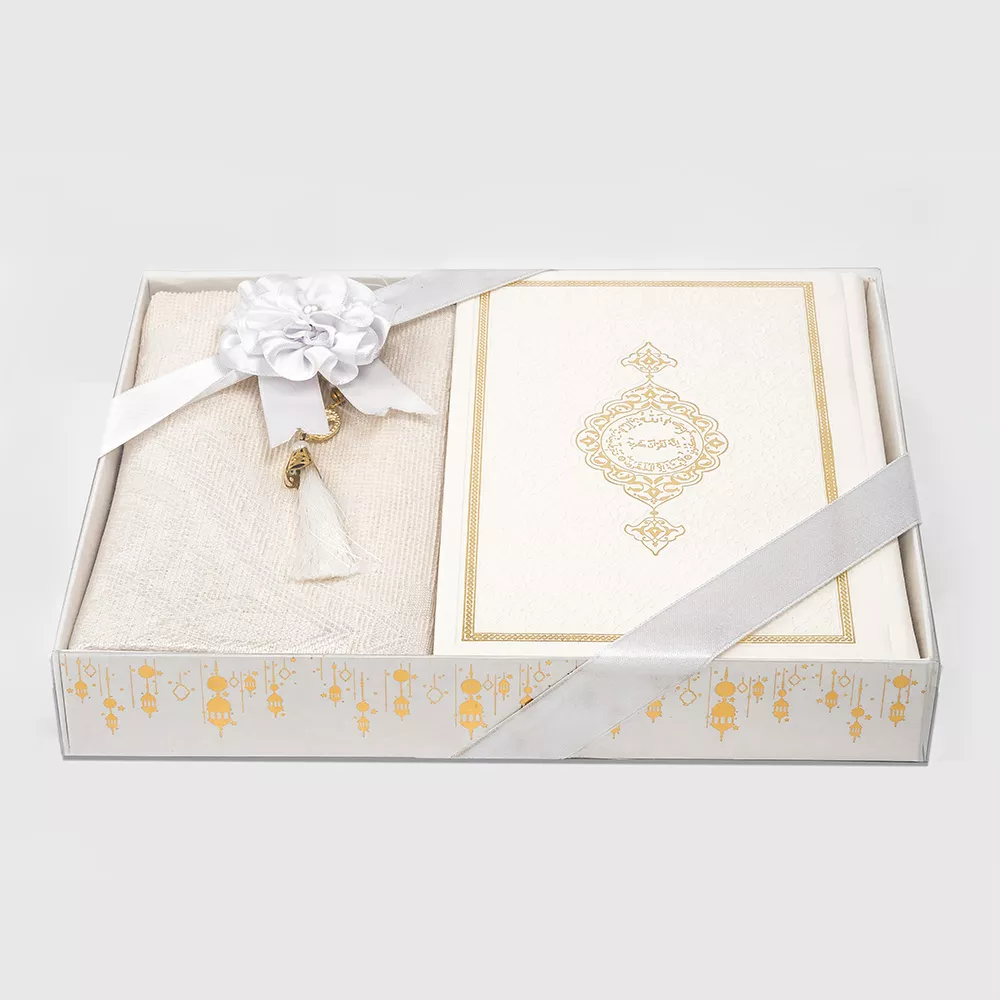 HAYRAT NEŞRİYAT - Kuran + Seccade + Tesbih Hediye Seti (Hafız Boy, Termo Deri, Desenli Kutu, Beyaz)