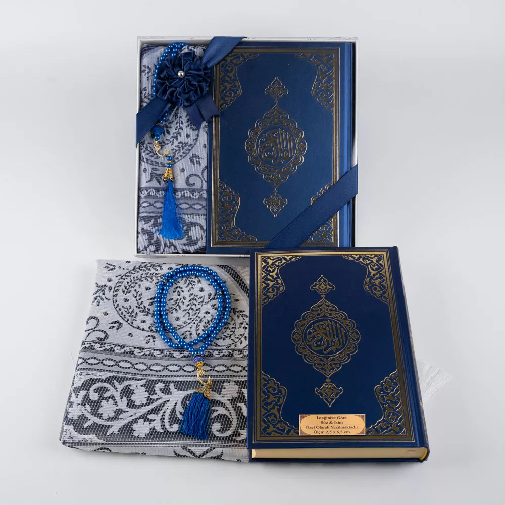 HAYRAT NEŞRİYAT - Kuran + Seccade + Tesbih Hediye Seti (Orta Boy, Ekonomik Cilt, Desenli Kutu, Lacivert) (1)