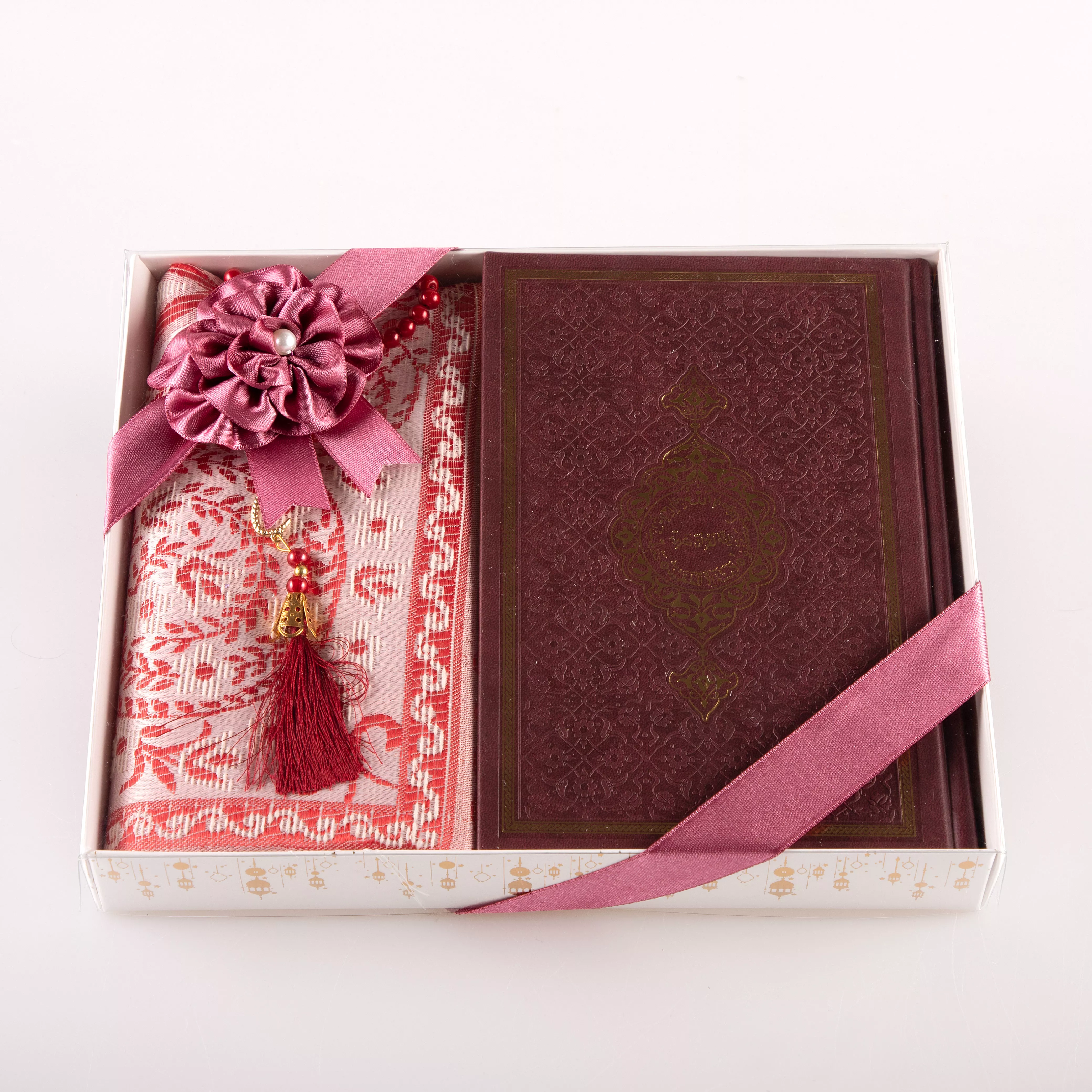 HAYRAT NEŞRİYAT - Kuran + Seccade + Tesbih Hediye Seti (Orta Boy, Termo Deri, Desenli Kutu, Bordo)