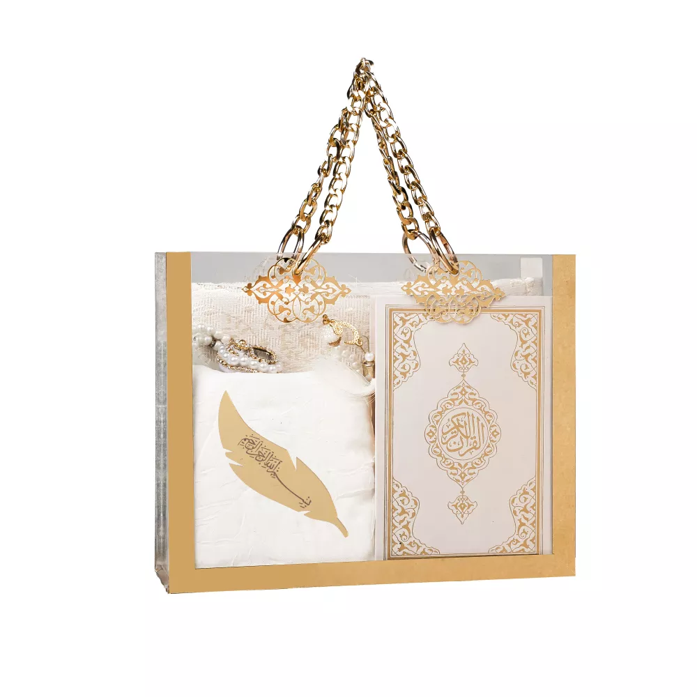 HAYRAT NEŞRİYAT - Kuran + Seccade + Eşarp + Tesbih + Zikirmatik + Ayraç Hediye Seti (Çanta Boy, Beyaz)