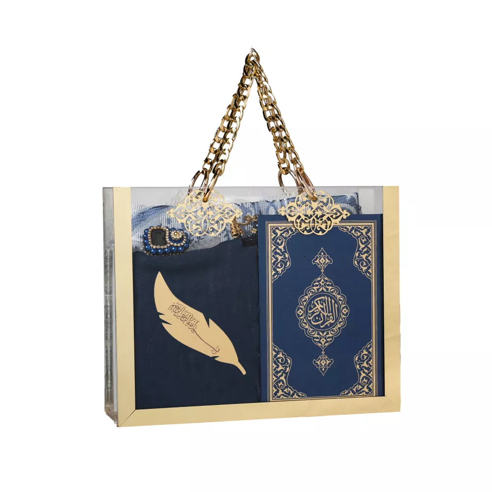 HAYRAT NEŞRİYAT - Kuran + Seccade + Eşarp + Tesbih + Zikirmatik + Ayraç Hediye Seti (Çanta Boy, Lacivert)