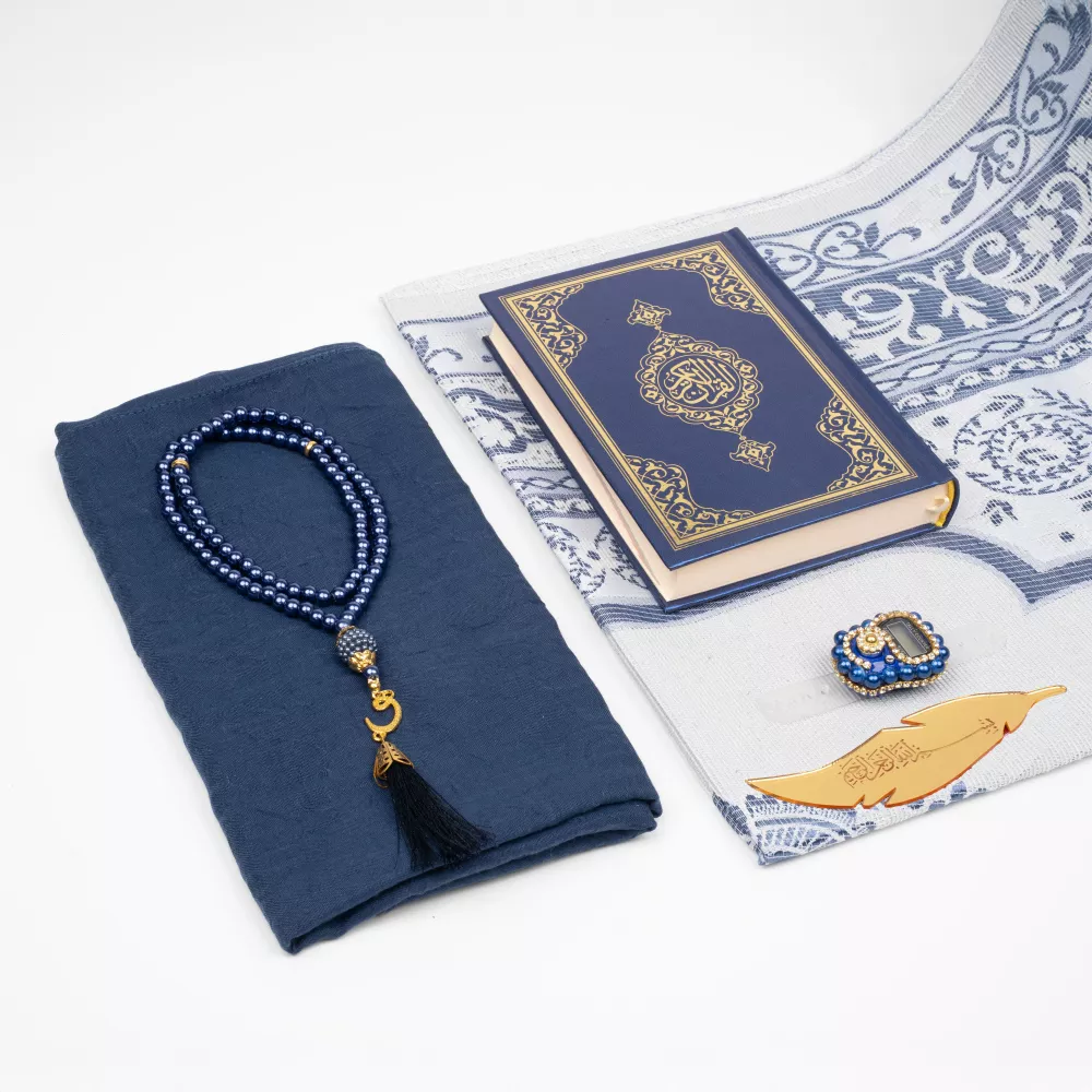 Kuran + Seccade + Eşarp + Tesbih + Zikirmatik + Ayraç Hediye Seti (Çanta Boy, Lacivert) - Thumbnail