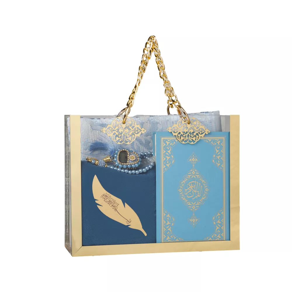 Kuran + Seccade + Eşarp + Tesbih + Zikirmatik + Ayraç Hediye Seti (Çanta Boy, Mavi) Kuran + Seccade + Eşarp + Tesbih + Zikirmatik + Ayraç Hediye Seti (Çanta Boy, Mavi)